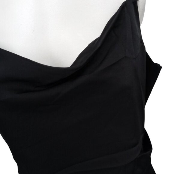 Lulus Hollywood Woman Black Satin Midi Dress Size M Spaghetti Strap Drape Ruched - Picture 3 of 13